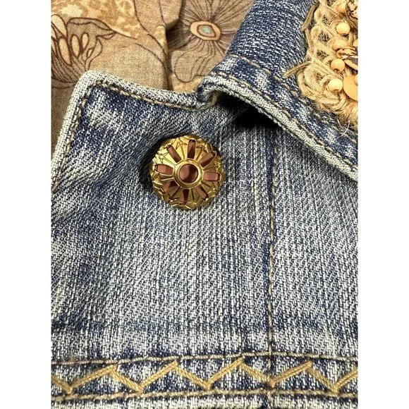 Elie Tahari Womens Beaded Collar Denim Jacket Floral Lining Button Front Size L - Picture 13 of 16